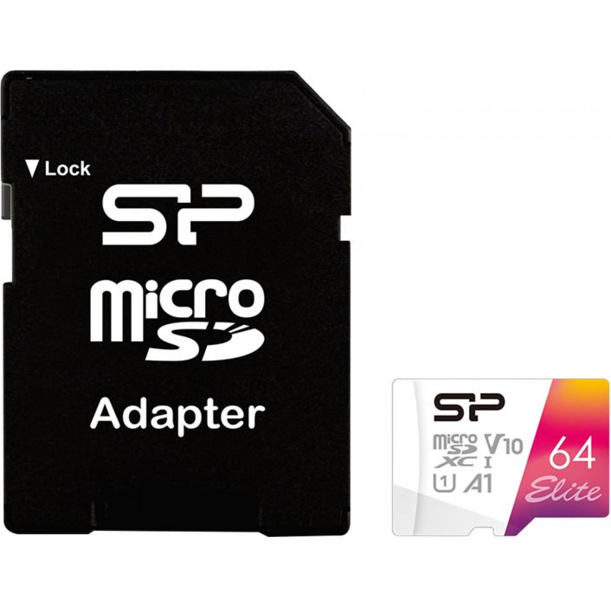 Silicon Power memory card Elite Micro SDXC 64GB UHS-I A1 V10 (64 GB, microSDXC, U1, UHS-I), Speicherkarte, Mehrfarbig