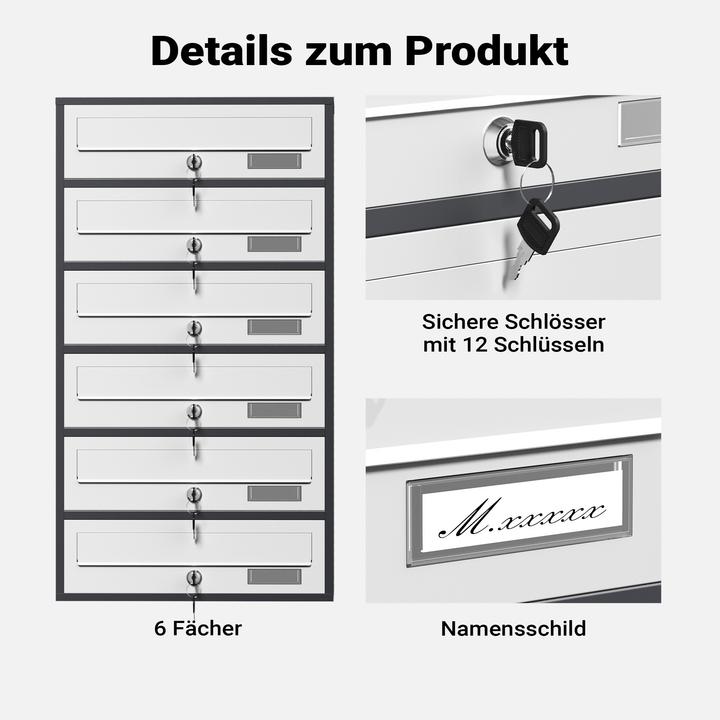 Immagine prodotto Wiltec Sistema a 6 cassette postali antracite/bianco 513 x 270 x 1500 mm cassetta per le lettere a libera