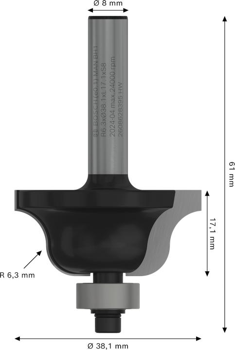 Produktbild Bosch Professional Zubehör Kantenformfräser B, 8 mm, R1 6,3 mm, B 12,7 mm, L 17 mm, G 61 mm