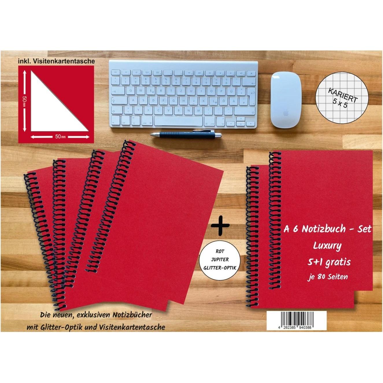 E & Z, Heft + Block, A 6 Notizbuch - Set, 4+2 gratis, Luxury 80 Seiten ROT JUPITER GLITTER-OPTIK, kariert 5x5mm (A6, Kar...