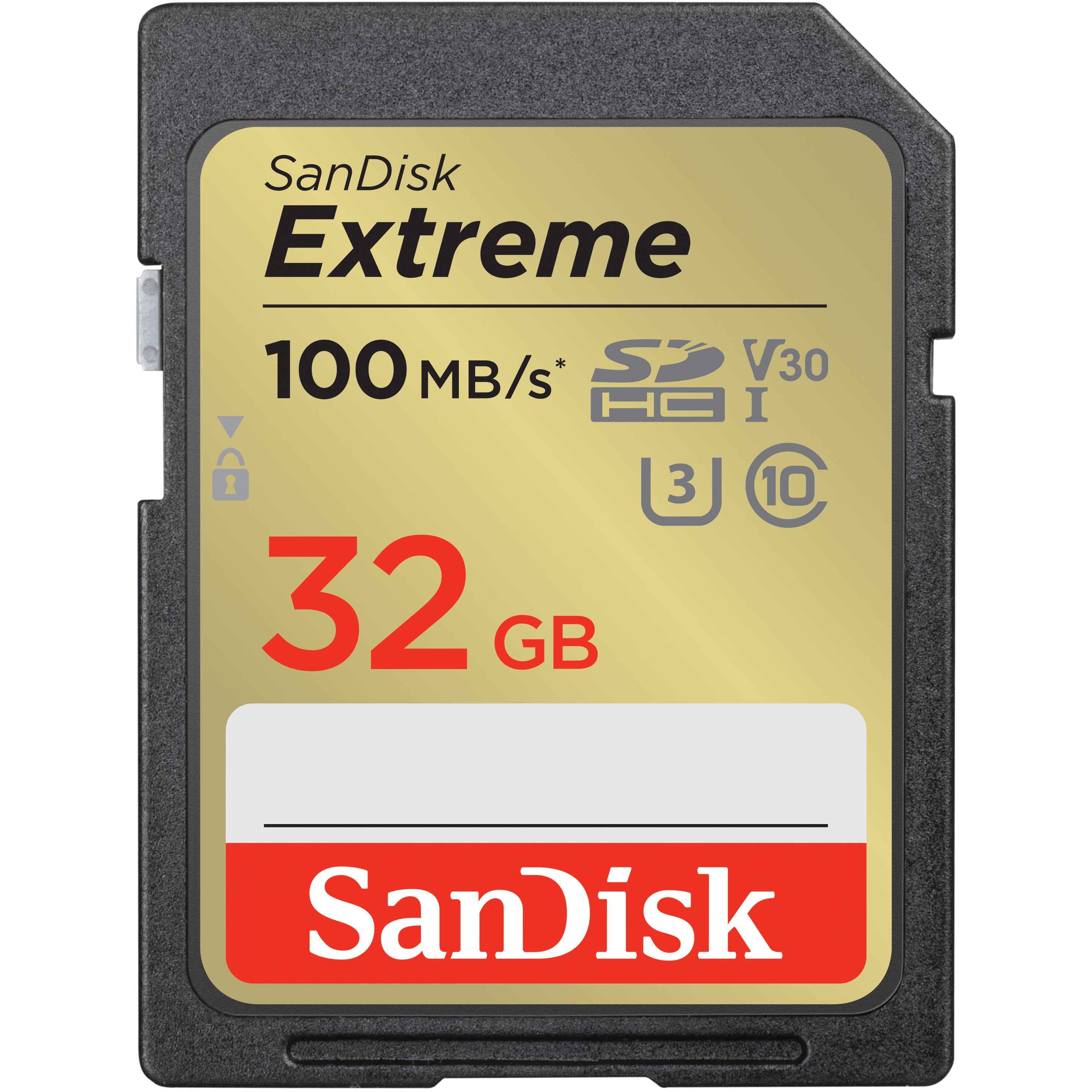 SanDisk Extreme (32 GB, SDHC, U3, UHS-I), Speicherkarte, Schwarz, Gold, Rot