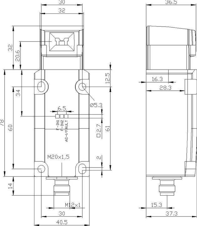 Produktbild Siemens Sicherheits-Positionsschalter mit getrenntem Betätiger 5 Anfahrrichtungen Met... 3SF11141QV101BA1 (M12)