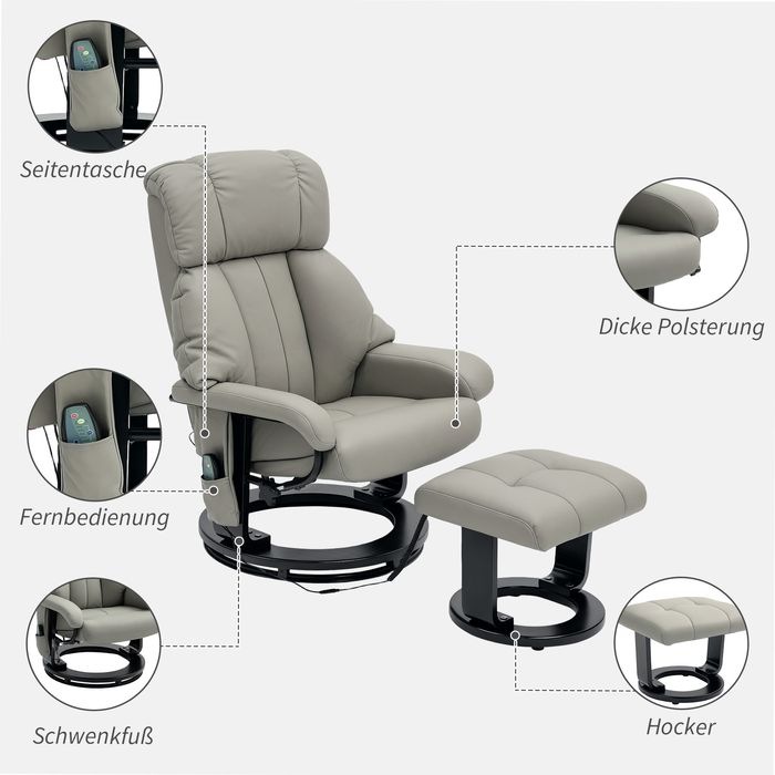 Produktbild Swisshandel24 Relaxsessel mit Fusshocker, Massagesessel mit Liegefunktion Fernbedienung Grau
