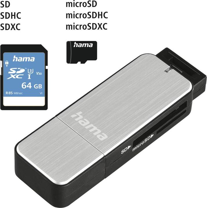 Produktbild Hama USB-3.0-SD-/microSD-Kartenleser, Silber (USB 3.0)