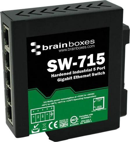 Actual product image Brainboxes Hardened Industrial 5 Port Gigabit Ethernet Switch DIN - Switch - 1 Gbps (5 ports)