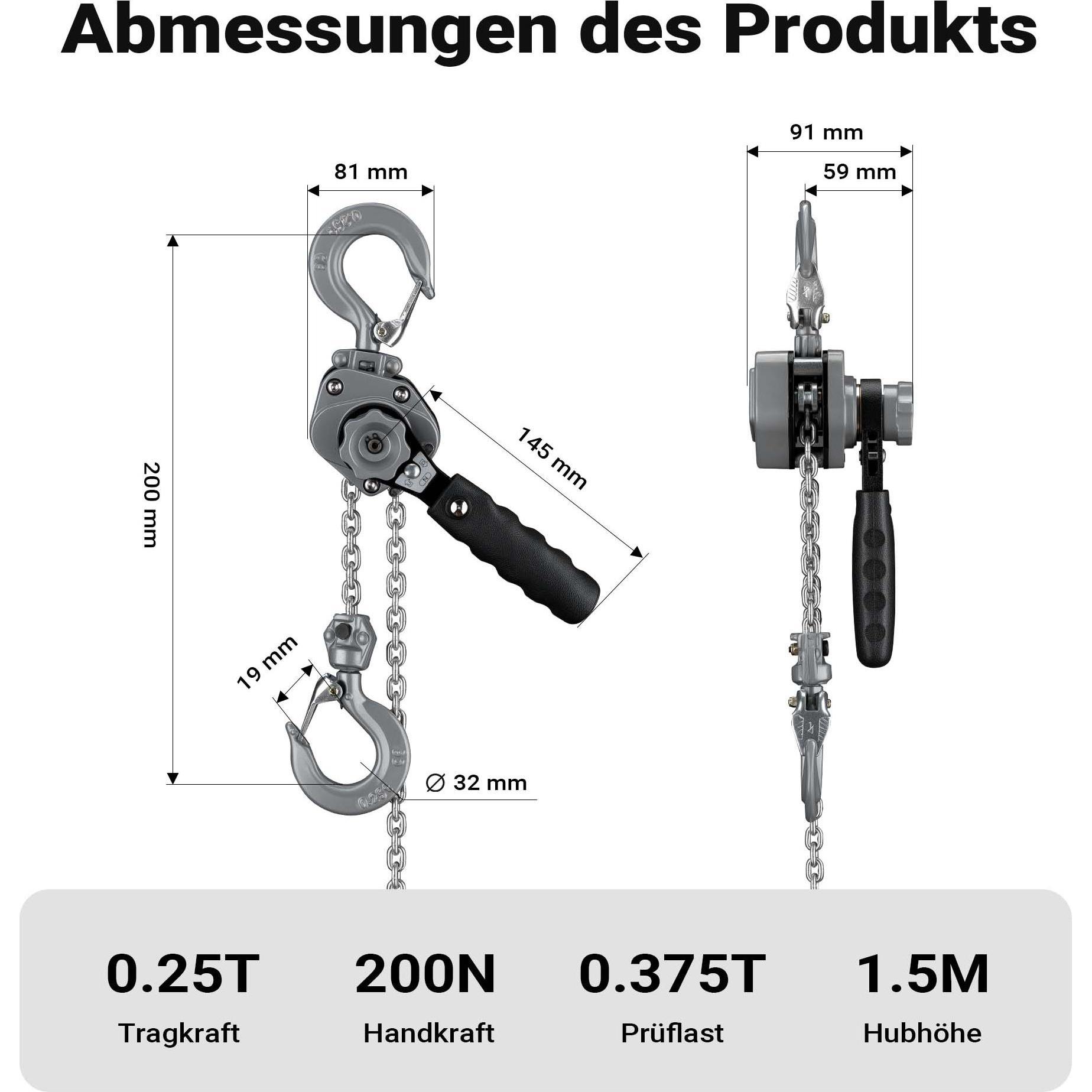 Thumbnail - Wiltec, Seilzug + Werkstattkran, Mini Hebelzug bis 250kg Handkettenzug 1,5m Hubhöhe Kettenzug Hebezeug