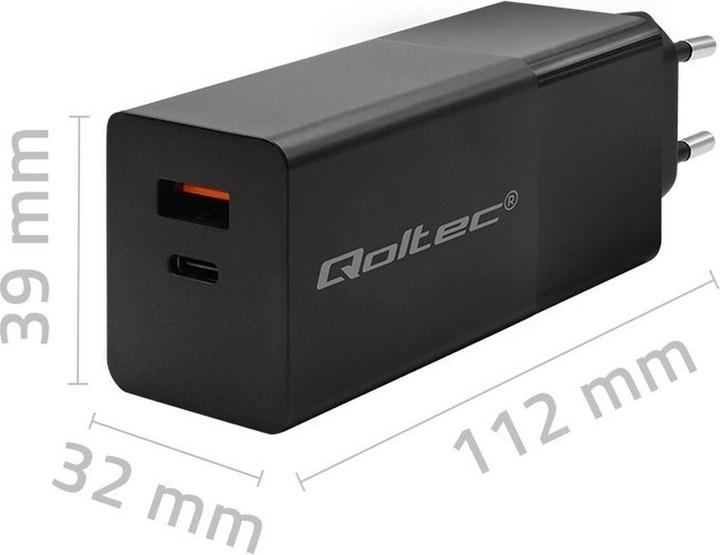 Actual product image Qoltec Ładowarka GaN POWER PRO | 1xUSB-C | 1xUSB | 100W | 5-20V | 1.5-3.35A | PD | Czarna (100 W, 2 ports)