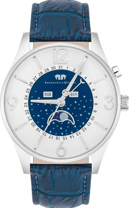 Actual product image Men quartz watch Moontime genuine leather blue - 16416 (Analogue wristwatch, 43 mm)