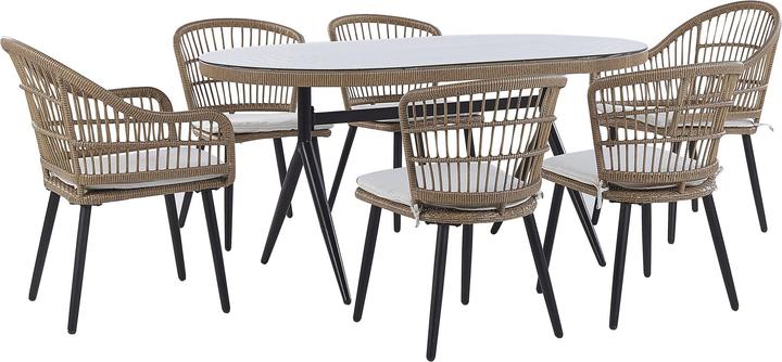 Actual product image Beliani Garden Furniture Set Rattan Natural 6-Seater Cushions Beige ALIANO II (159 cm)