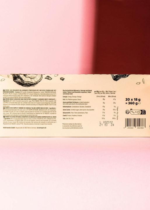 Valeurs nutritives et ingrédients KoRo Barre de glace brune au blé complet enrobée de chocolat blanc aromatisé à la noix de coco (360 g)