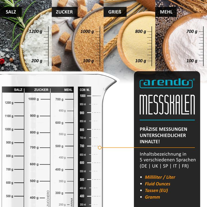 Image du produit Arendo Messbecher 1l Messkrug, Borosilikatglas, Küchenbehälter, Skala, hitzebeständig, mikrowellengeeignet (1000 ml)