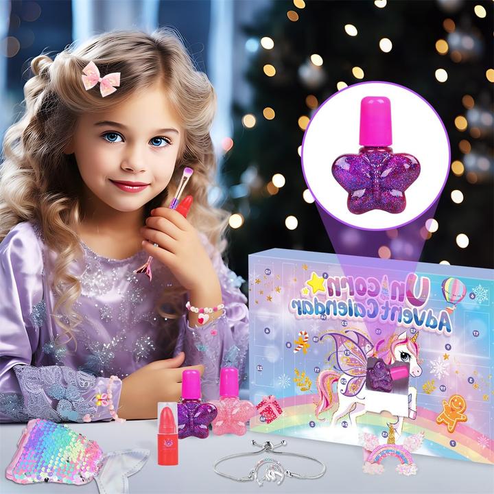 Image du produit Activity Board Adventskalender 2024 Weihnachtskalender 24 Füllungen Einhorn Kalender Schmuck Haarschmuck Tattoo