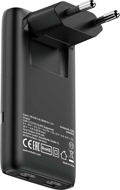 Productafbeelding Verbatim GaN III Fold 'n' Go Charger 2 Port 65W USB-C black (65 W)