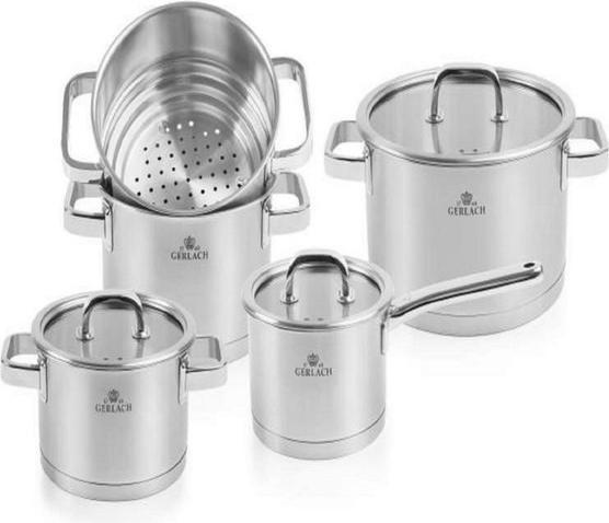 Gerlach Prestige 9-Piece Cookware Set with Glass Lids and Steamer Basket (Pot, Stainless steel)