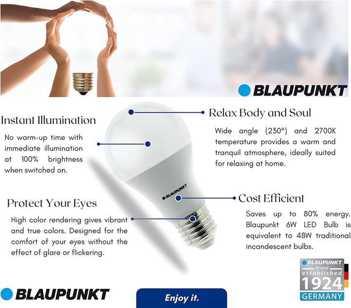 Actual product image Blaupunkt LED E27 Bulb - 6W - Warm White 2700K - Led Bulbs - Pack of 4 (E27, 6 W, 570 lm, 4 x, F)
