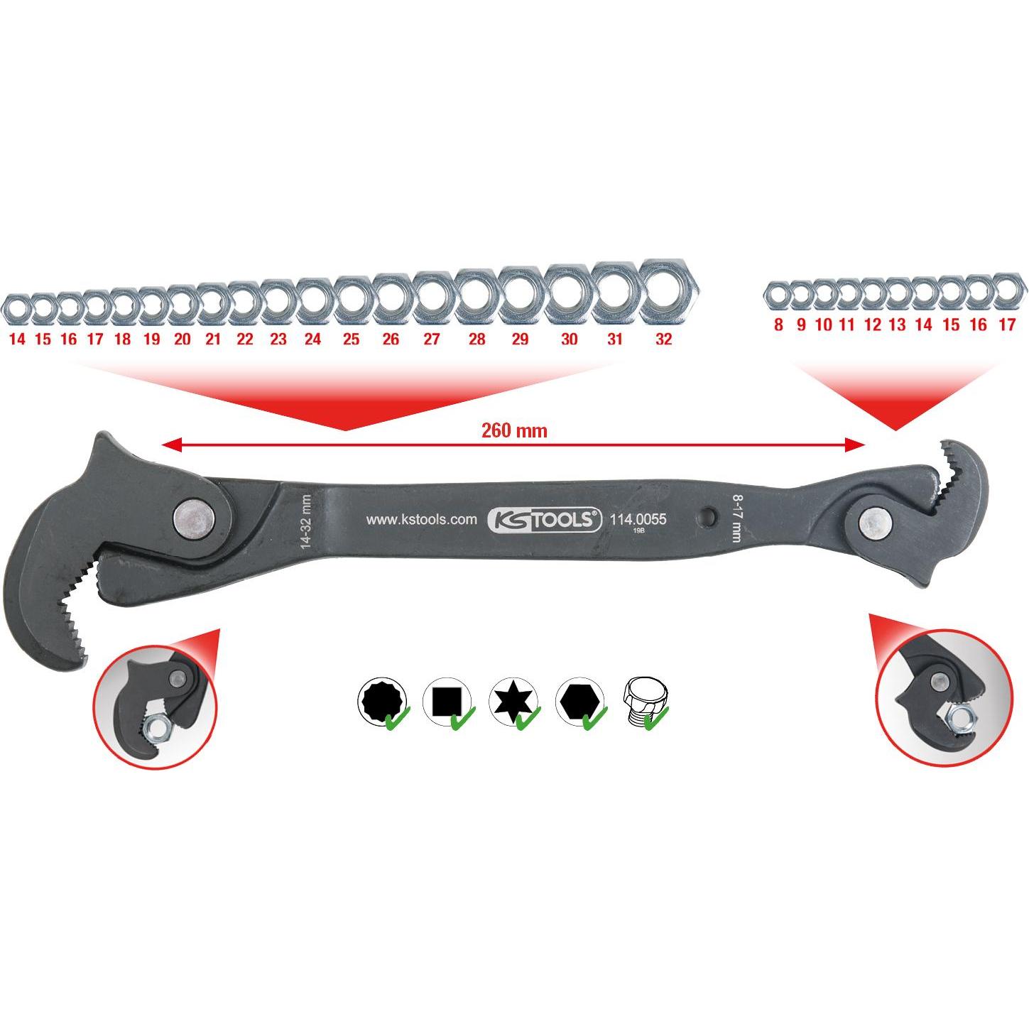 Thumbnail - KS Tools, Schraubenschlüssel, Einhand-Multifunktions-Schlüssel, 8-17/14-32mm (32 mm, 14 mm)