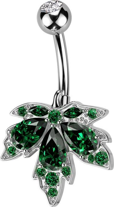 Actual product image Star Piercing Banane silber mit Kugel silber Kristall silber und Ahornblatt Kristalle grün (Brass, Surgical steel 316L)