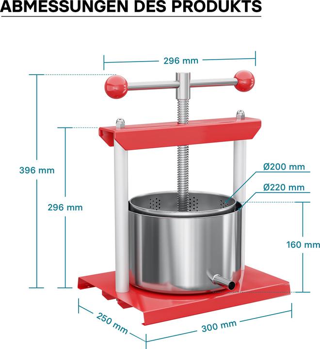 Immagine prodotto Wiltec Presse à fruits Pressoir à vin Acier 6l Cuve en acier inoxydable Pressoir Fruits Baies (Spina UE)