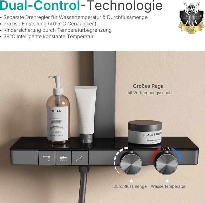 Produktbild Emke Duschsystem mit Thermostat Anthrazit Matt Einstellbarer Durchfluss 4-Strahl Handbrause inkl Brausest