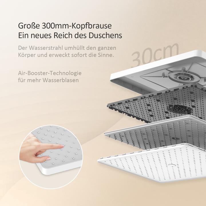 Produktbild Emke Duschsystem mit Thermostat, Handbrause + Regendusche(3 Strahlstärken) + Unterer Auslass, Weiss
