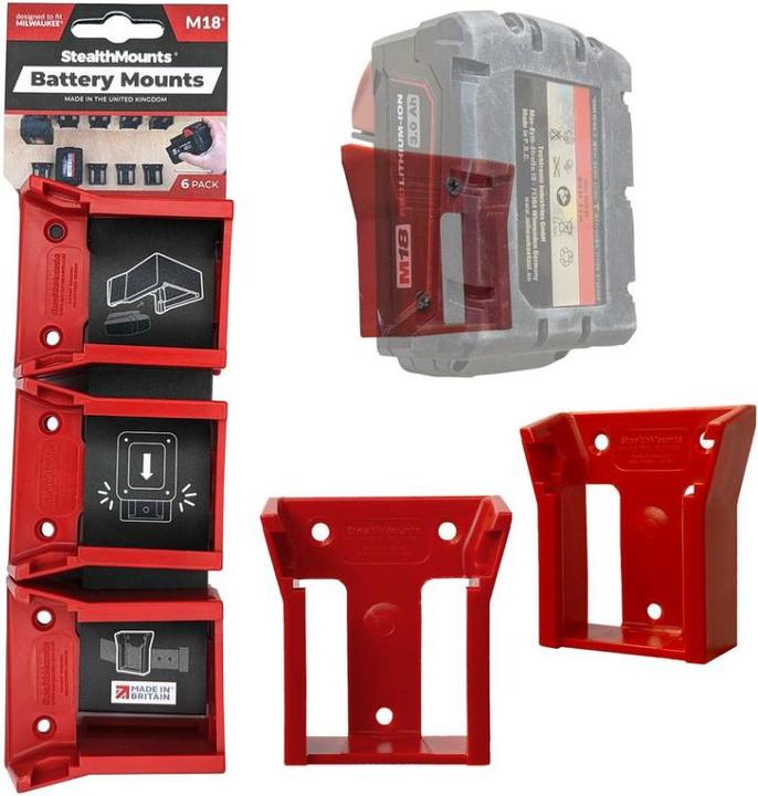 StealthMounts BM-MW18-RED-6 Rote Batteriehalter für Milwaukee M18 18v (6er Pack)