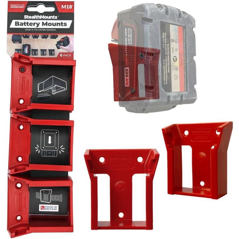 StealthMounts BM-MW18-RED-6 Rote Batteriehalter für Milwaukee M18 18v (6er Pack), Accessori pile + batterie, Rosso