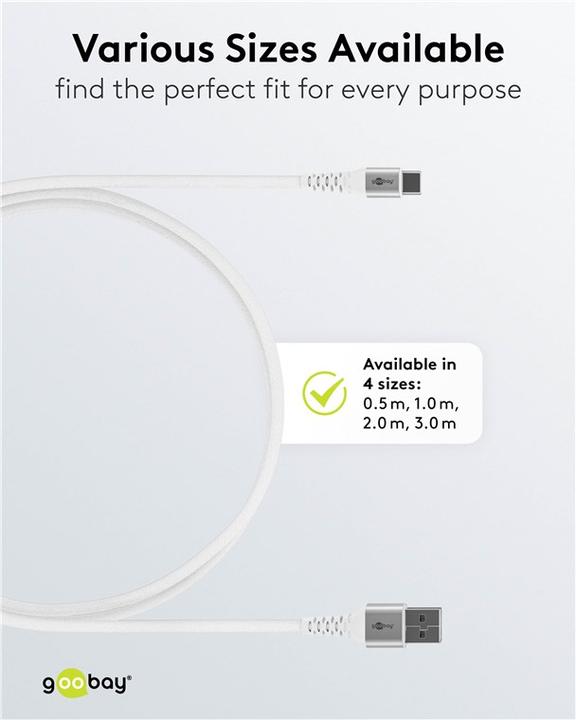 Produktbild Goobay USB-C Supersoftes Textilkabel mit Metallsteckern, 2 m, weiss (2 m, USB 2.0, 60 W)