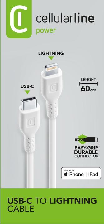 Image du produit Cellularline Power Cable 60cm - USB-C to Lightning (0.60 m, USB 3.2 Gen 1)