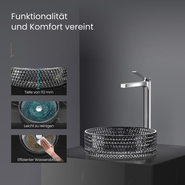 Produktbild Emke Aufsatzwaschbecken, 360 x 360 x 112 mm, Schwarzes Glaswaschbecken, Rundes Aufsatzwaschbecken (360 mm, 360 mm)