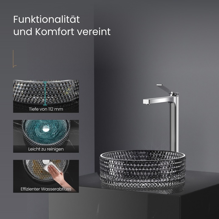 Immagine prodotto Emke Lavabo da appoggio, 360 x 360 x 112 mm, Lavabo in vetro nero, Lavabo da appoggio rotondo (360 mm, 360 mm)