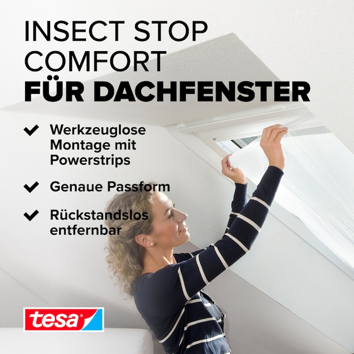 Produktbild tesa Insektenschutz COMFORT für Dachfenster, mit Klettband, selbstklebend, ohne Bohren (120 x 140 cm)