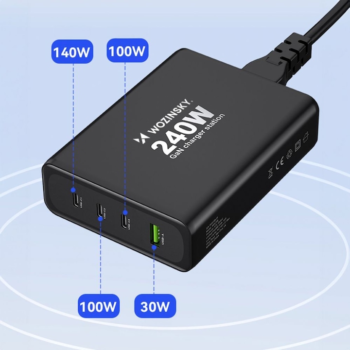 Produktbild Wozinsky WGCSB 240W GaN-Wandladegerät USB-A / 3 x USB-C - Schwarz (240 W)