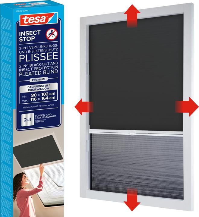 Produktbild tesa Insektenschutz 2-in-1-Plissee - Rollo und Fliegengitter für Dachfenster ohne Bohren (116 x 164 cm)