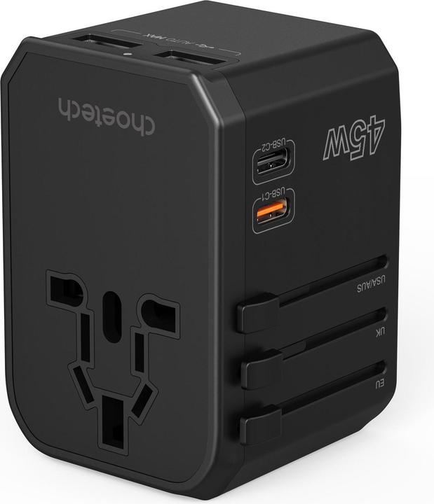 Actual product image Choetech PD6045 USB-C USB-A 45W GaN Travel Charger with US EU UK AU Plugs - Black (45 W)