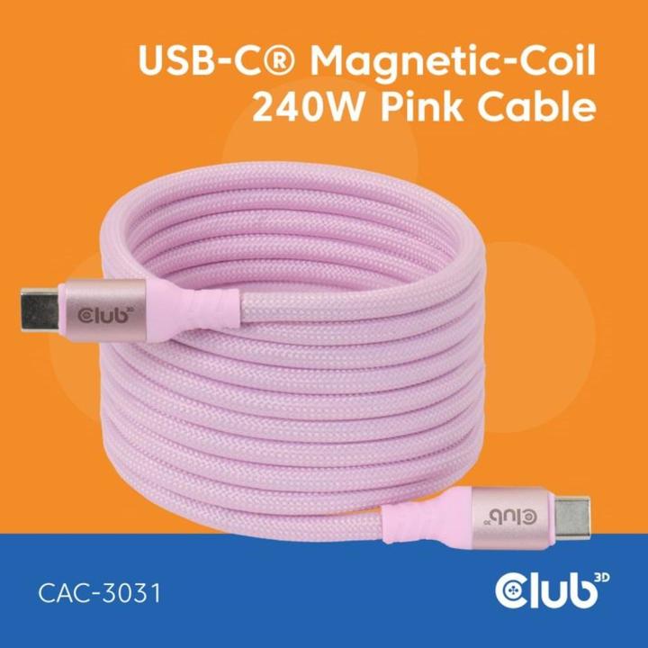Actual product image Club 3D Club3D Lifestyle USB-C Magnetisches Kabel 240W 2m rosa St/St (2 m, USB 2.0, 240 W)