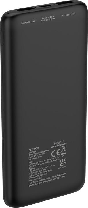 Image du produit Deltaco Banque d'alimentation 10 000 mAh, 2x USB-A 18 W, 1x USB-C PD 20 W - Noir (10000 mAh, 20 W, 37 Wh)