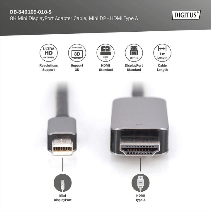 Image du produit Digitus Mini DisplayPort - HDMI (1 m, DisplayPort, HDMI, 2.1)
