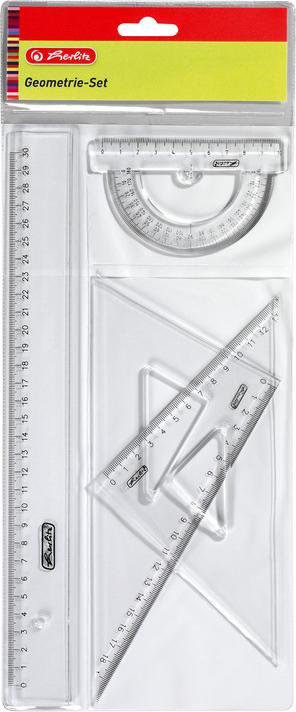 Herlitz Geometrie-, Zeichendreieck (Büro, Schule) Geometrie-Set 4-teilig Kunststoff transparent (30 cm, Kunststoff)