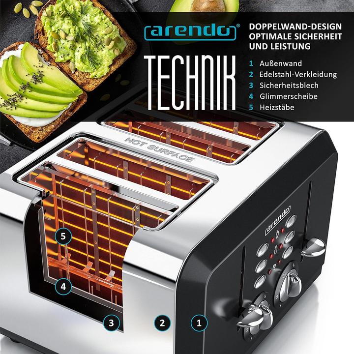 Image du produit Arendo Breakfast X2 Toaster für 4 Scheiben, mit Auftau- Aufwärm- und Stoppfunktion