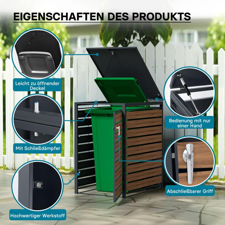 Actual product image Wiltec Waste bin box for one bin Wood-look hinged lid Waste bin cover