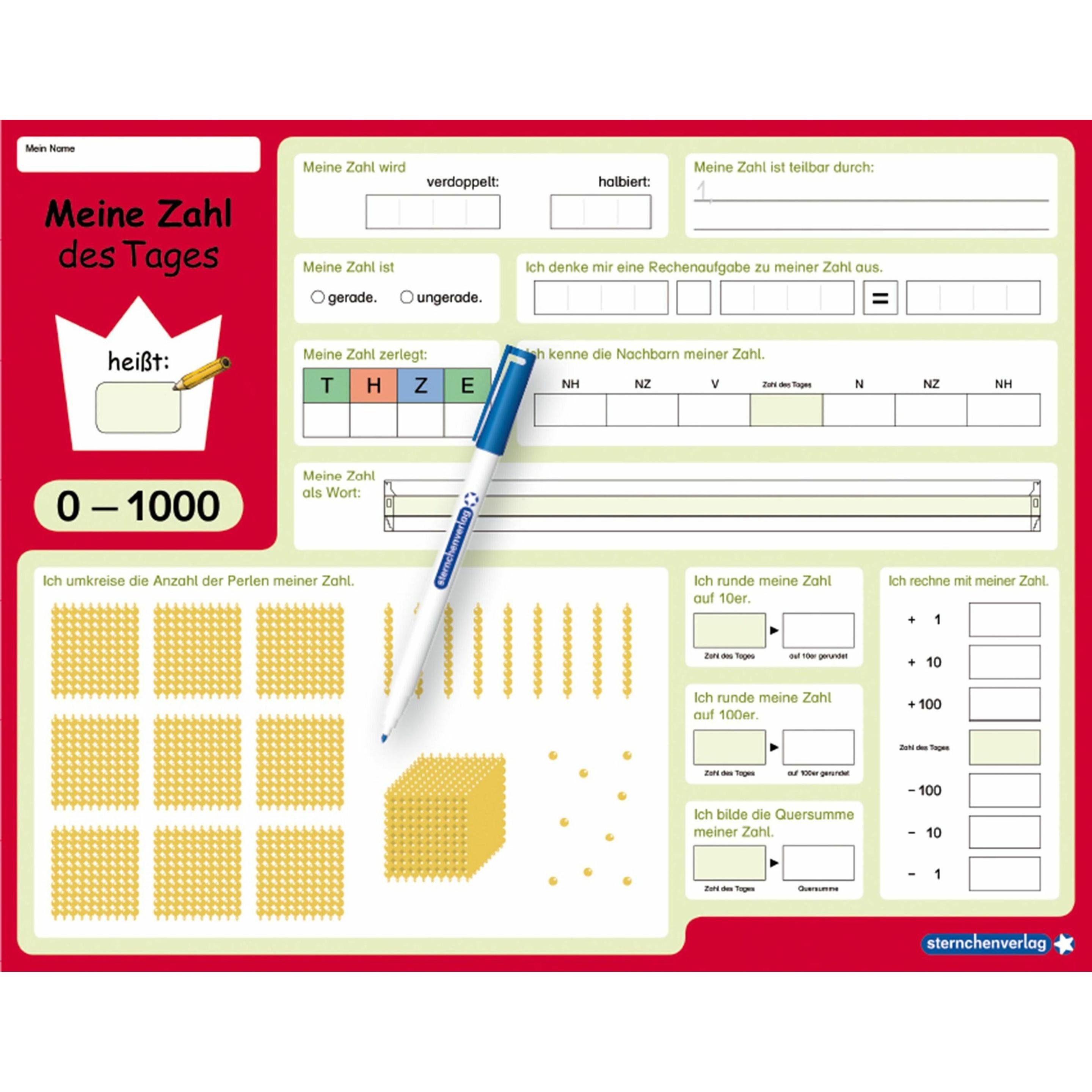 Sternchenverlag Meine Zahl des Tages 0-1000 - wiederbeschreibbare Lerntafel mit Stift - Mathematik (Deutsch)