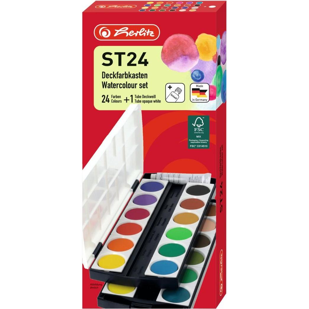 Herlitz, Künstlerfarbe + Bastelfarbe, Deckfarbkasten ST24 (Farbig sortiert, 24 ml)