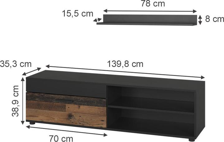 Produktbild Vicco Lowboard & Regal Berno, Schwarz/Oldstyle, mit 1 Klappe