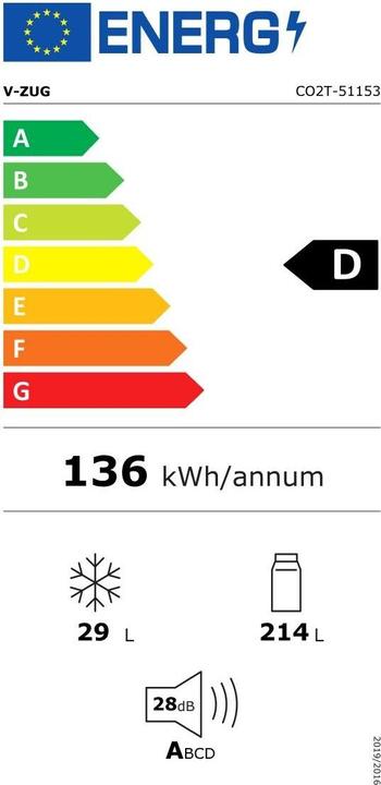Label énergétique V-Zug Réfrigérateur/congélateur Cooler V2000 152GI (242 l)
