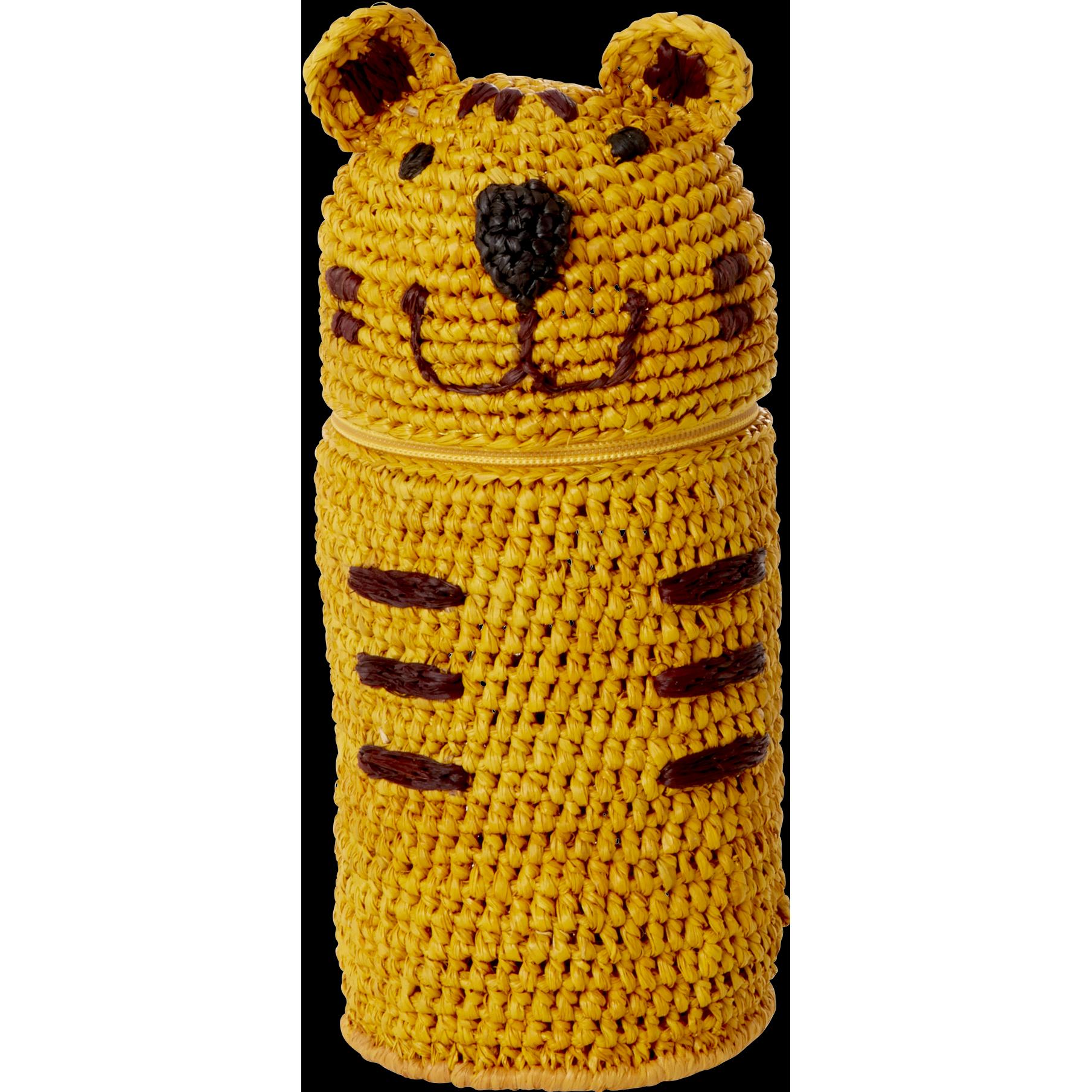 Rice, Etui, - Raffia Crocheted Pencil Case / Purse - Tiger Shape - Yellow - 20cm x 10cm x 5cm