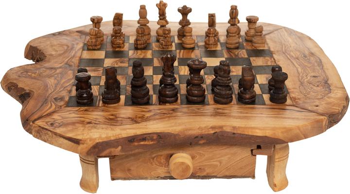 Produktbild Natura Punto Olivenholz-Schachbrett mit Figuren und kleiner Schublade, 40 x 40 cm, Made in Italy