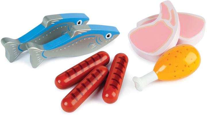 Actual product image Bigjigs Tidlo wooden play food meat and fish in box, 8 pieces.