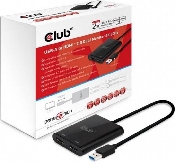 Produktbild Club 3D USB A auf HDMI 2.0 Dual Monitor 4K 60Hz Adapter