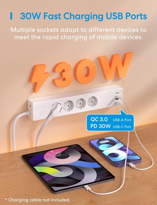 Produktbild Meross MSP844(EU) smart fast charging power strip, 4 outlets + 2x USB-A + 2x USB-C (Matter) (4x, CEE 7/3, USB-A, USB-C, 1.50 m)