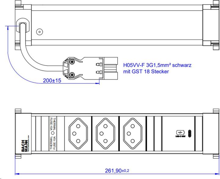Actual product image Bachmann Built-in power strip POWER FRAME 3x T13, 1x USB-C (3 x, Type 13, USB-A, USB-C)